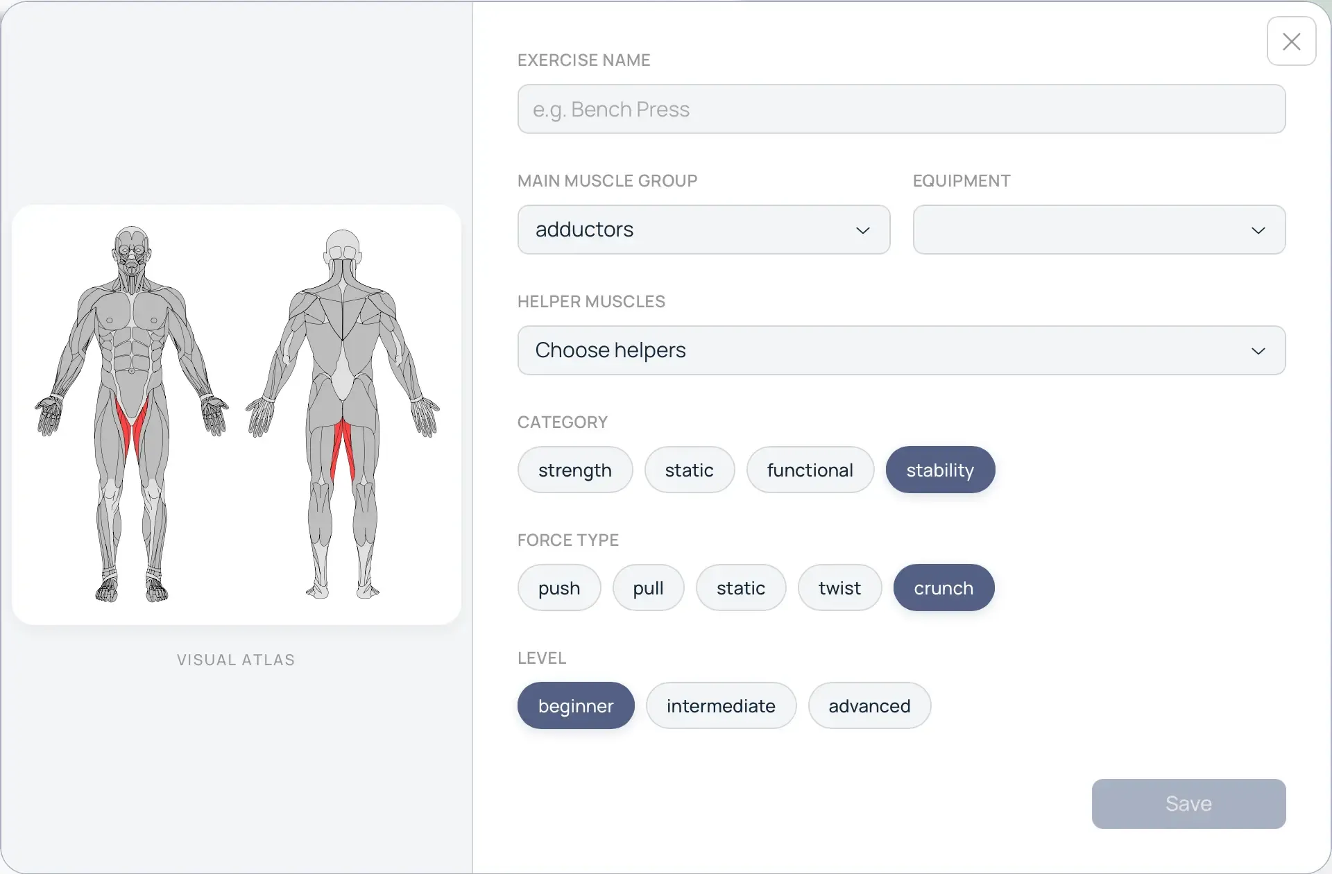 Create exercise modal